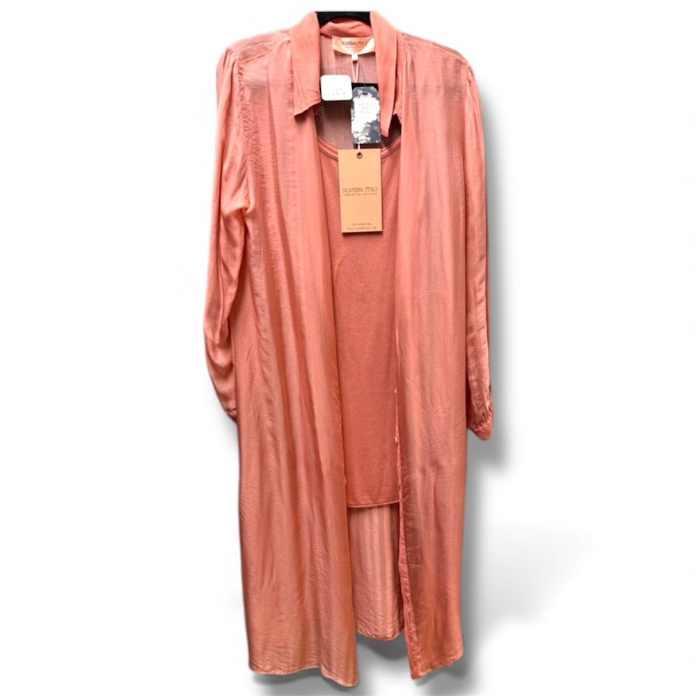 NWT Scandal Italy silk shirt dress‎ & slip dress mini SET Salmon Pink melon  M L